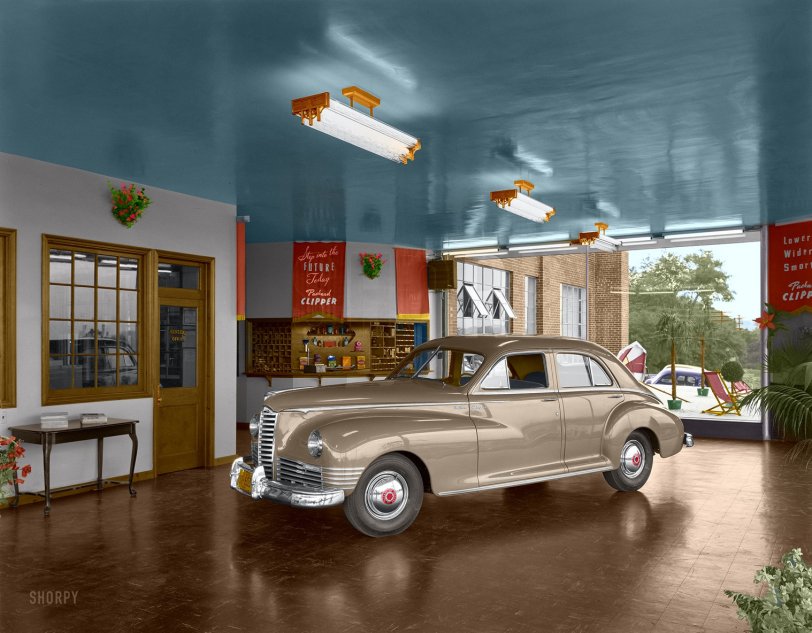 Colorized from this Shorpy original. When I was a child in the 1950's, my dad would take me to the Packard dealer to look at the new cars.  He owned a gray 1947 Packard until 1957. View full size.
