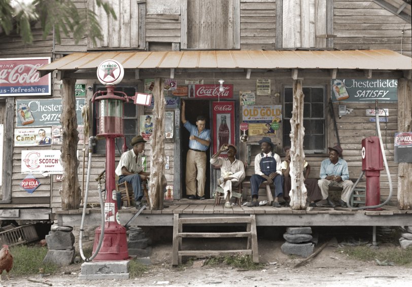 Gordonton, N.C. "Country store on dirt road." Colorized. July 1939. View full size.