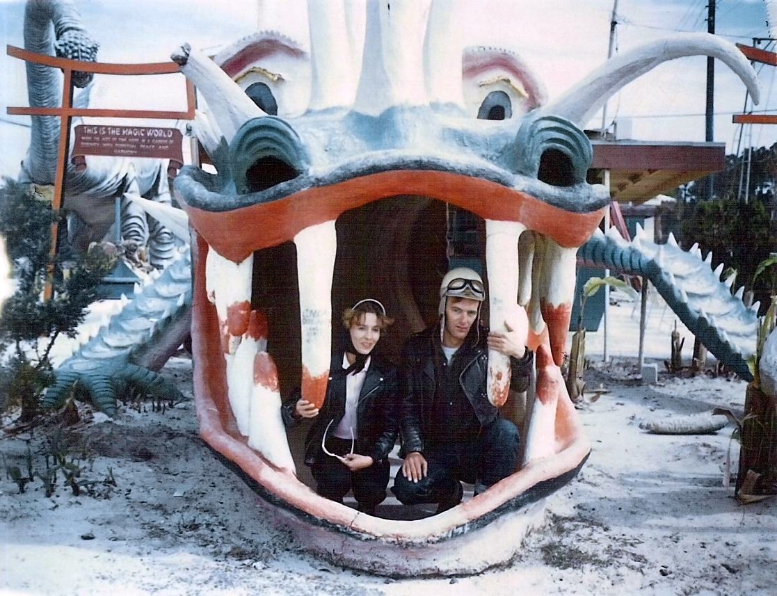 This is a photo of my mom and dad in what I am presuming is a dragon's mouth. It was taken on a Florida roadtrip in 1963. I'm not sure about the location but I'm guessing it's a putt putt golf course. View full size.