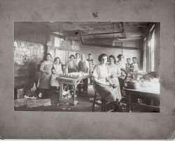 This picture was taken in an unidentified Brooklyn, N.Y., shoe factory around 1920. Pictured on the far left side is Anna Maggi of Brooklyn. View full size.
(ShorpyBlog, Member Gallery)