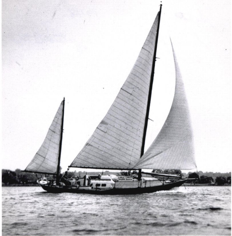 "Silhouette" was designed and built by my Dad from 1946-1948. At the time, he was vice president of New York Shipbuilding Corp. in Camden, New Jersey. This was the third boat he built for personal use. The other two were wooden Class sloops: "Patsy Anne", an 18' Seagull, #216 and "Patsy Anne II" a 19' Lightning, #1004. "Silhouette" was a monumental undertaking because it was a 40' all welded, steel hull, beautifully crafted pleasure yawl with a hydraulic lift centerboard. She  was unique, one of a kind. He never built another and finally sold her in 1962. The couple who purchased the boat cruised the East coast, the Caribbean, Central and South America, Portugal, France and Gibraltar. They published very descriptive articles in Motor Boating and Sail attesting to the superiority of Silhouette's sea-worthiness. Dad died in 1986, but I'm certain he would be happy to know that "Silhouette" is still going strong and now makes her home in Uruguay, South America. View full size.
