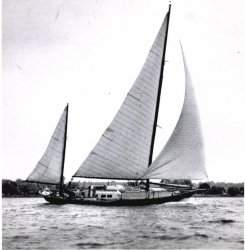 "Silhouette" was designed and built by my Dad from 1946-1948. At the time, he was vice president of New York Shipbuilding Corp. in Camden, New Jersey. This was the third boat he built for personal use. The other two were wooden Class sloops: "Patsy Anne", an 18' Seagull, #216 and "Patsy Anne II" a 19' Lightning, #1004. "Silhouette" was a monumental undertaking because it was a 40' all welded, steel hull, beautifully crafted pleasure yawl with a hydraulic lift centerboard. She  was unique, one of a kind. He never built another and finally sold her in 1962. The couple who purchased the boat cruised the East coast, the Caribbean, Central and South America, Portugal, France and Gibraltar. They published very descriptive articles in Motor Boating and Sail attesting to the superiority of Silhouette's sea-worthiness. Dad died in 1986, but I'm certain he would be happy to know that "Silhouette" is still going strong and now makes her home in Uruguay, South America. View full size.
(ShorpyBlog, Member Gallery)