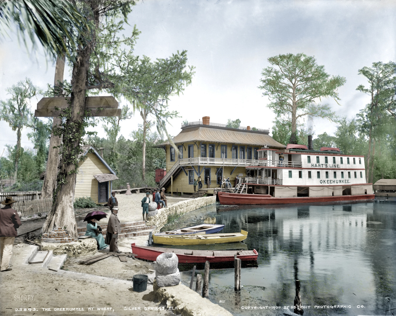 Silver Springs, Florida, circa 1900 (Colorized).  "Okeehumkee at wharf on the Oklawaha River." Detroit Publishing Company glass negative. View full size