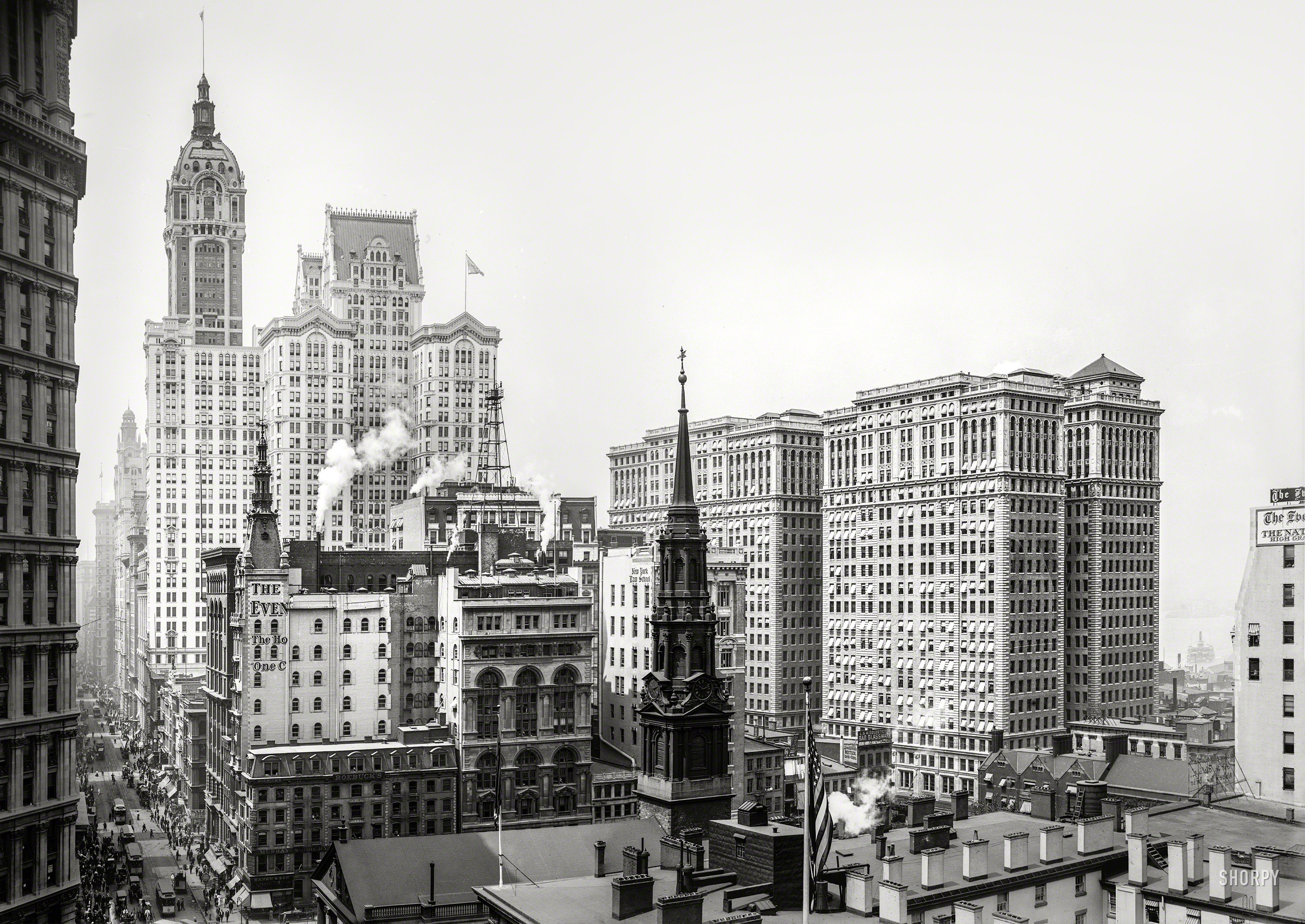 New York circa 1910. "Broadway and St. Paul's Chapel from the Post Office. Singer, City Investing and Hudson Terminal Buildings." With at least one windowsill milk bottle. Panorama made from two 8x10 inch glass negatives. View full size.