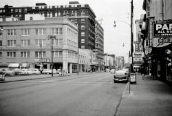 Taken in downtown Lexington, Kentucky in the mid-1950's.  My grandfather was good friends with another store owner who kept a racehorse at Keeneland Raceway.  Once in a while they would take the train down from Ohio to watch his horse run and visit my dad who was attending the University of Kentucky at the time. View full size.
(ShorpyBlog, Member Gallery)