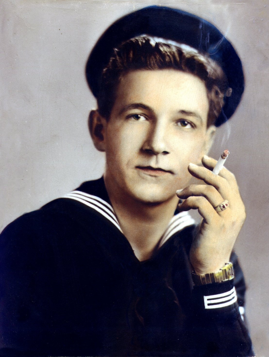 This was a portrait of my late Uncle Charles "Sonny" Haile taken around 1949 at the age of 17. (That's right, 17 years of age, he falsified records to get in the Navy). EDIT: I have since found out he did not falsify records, actually my Mother signed the papers to allow him into the Navy.
