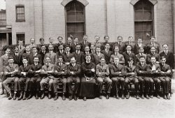 My grandfather (middle row, fourth from left) attended St. Francis Academy on Baltic St. in Brooklyn. Here he is with classmates in what I believe was a senior class picture, c. 1918. The school has relocated and is now known as St. Francis Prep. Vince Lombardi and Joe Torre both attended the school. View full size.
(ShorpyBlog, Member Gallery)