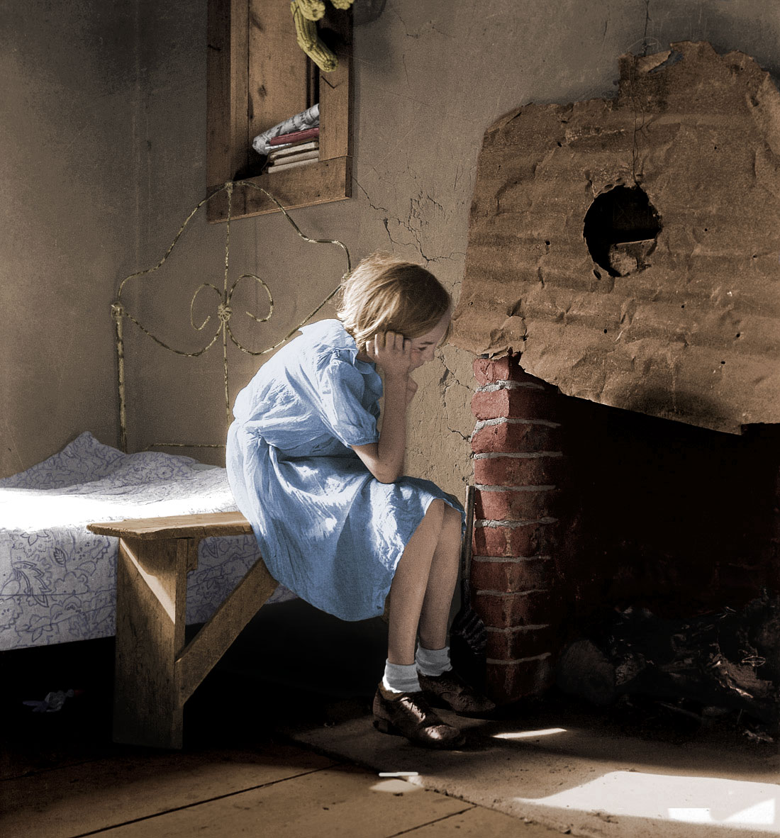 I took some creative license with the indistinct object under the bed, as I couldn't tell what it was. In my colorizaton, it has become a rather creepy abandoned clown doll. Image by Dorothea Lange. View full size.
