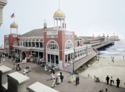 The Jersey Shore, circa 1910. "Steel Pier, Atlantic City." Colorized version of 8x10 inch dry plate glass negative, Detroit Publishing Company. View full size.