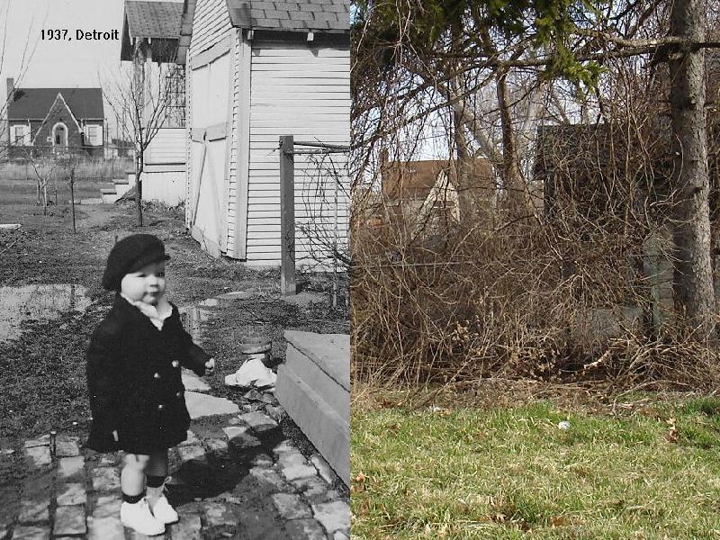 The photo on the left is at "Grandma's house," Sorrento Avenue, in Detroit.  I wandered over to that location last summer and took the shot on the right pretty much from the same spot. "Grandma's house" is long gone; the neighbor's house on the right is a burned out shell.  Only the house in the background is occupied today. View full size.