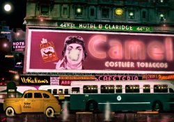 I enjoyed the recent colorized version of Times Square in 1943 and thought I'd share this "re-creation" of a childhood memory of mine when I was fortunate enough to visit this very place complete with the smoking "Camel" man. A memory that has lasted many years. Hope your viewers enjoy my version of Times Square, 1943. View full size.