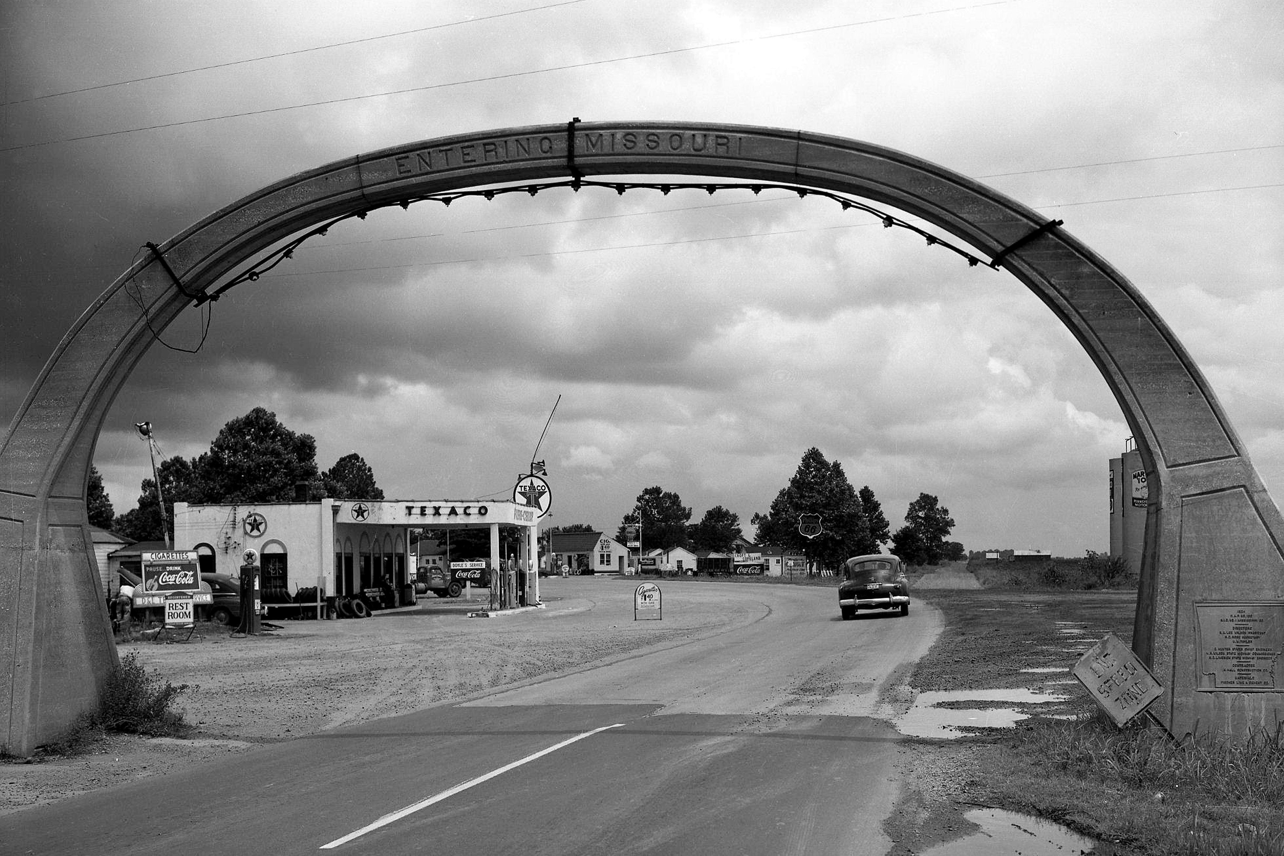 The U.S. Highway 61 arch sits on the state line between Blytheville, Arkansas and Steele, Missouri. The arch, built in 1924, is on the National Register of Historic Places.
