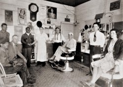 The Taylor Barber Shop, circa 1935. My great grandfather John L Taylor was a barber for many years in North Dallas. He owned shops in a couple of locations from around 1919 until sometime in the late 1940s. Grandad Taylor is the one standing with his hand on his hip and in suspenders. I love this photo because everything about it speaks to a very different time.
