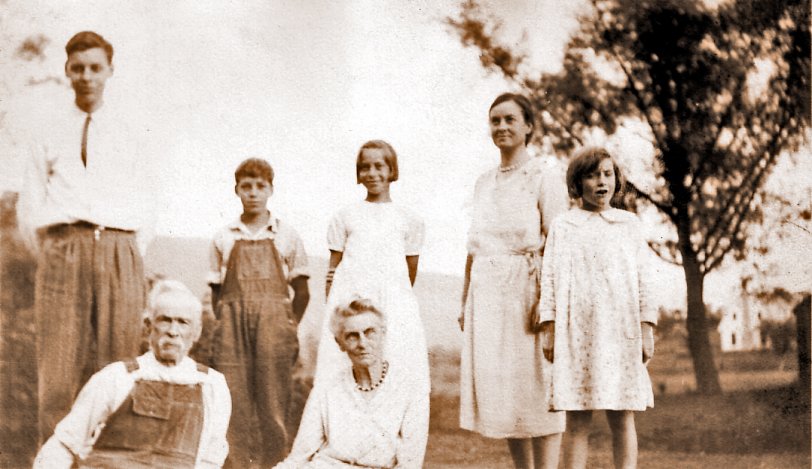 My great grandparents, Frank D.W. Carpenter and Martha Harriet (Britton) Carpenter are in front. Behind are grandson John C. Perry (son of Mabel C. Perry), grandson Albert C. Tyler, his sister, Harriet Emma Tyler, their mother, Florence (Carpenter) Tyler, and her youngest daughter, Marjorie. (Surry, NH, 1931)
Steve Miller
Someplace near the crossroads of America
