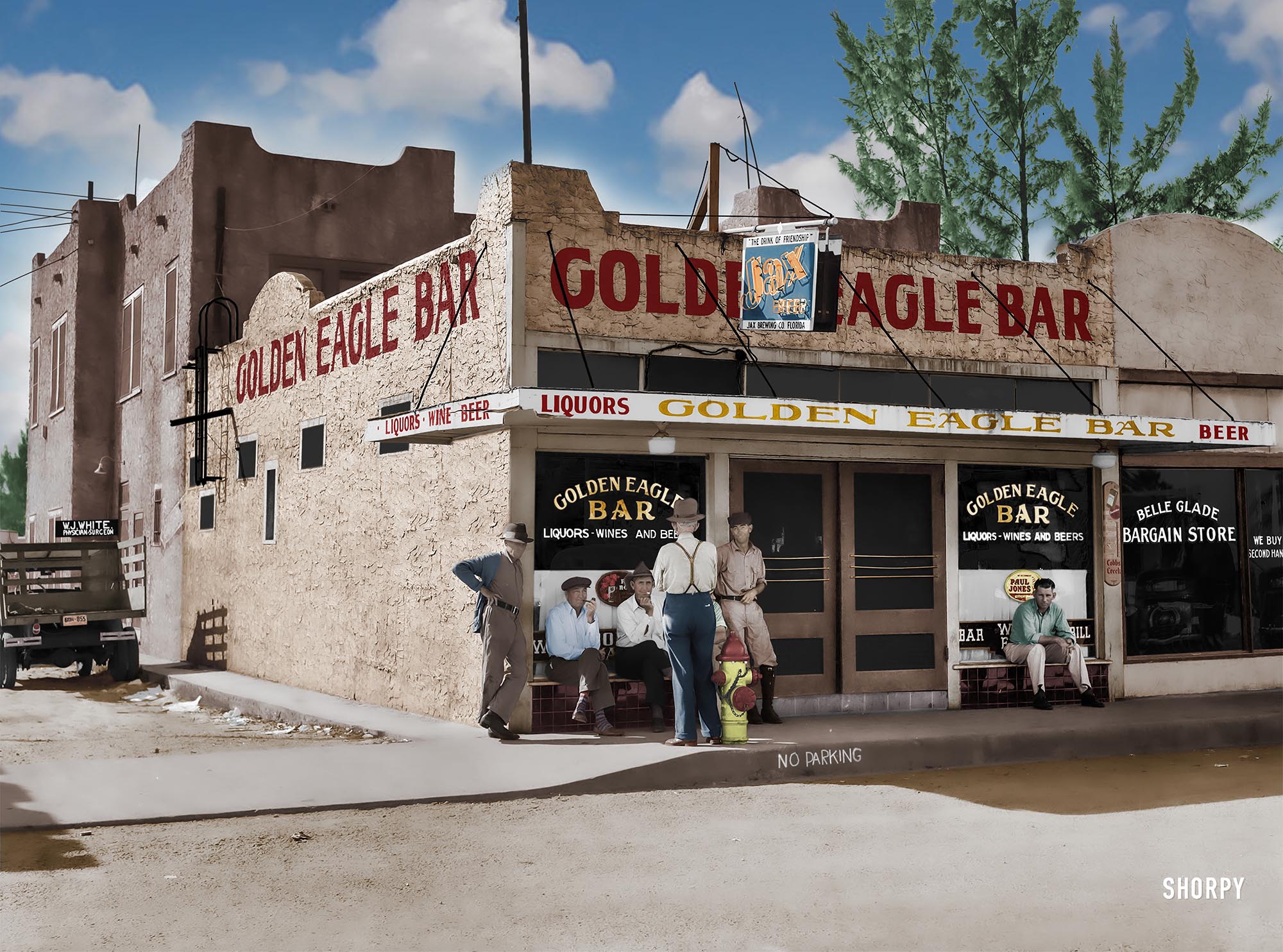 My colorized version of this Shorpy image. I love this picture and all of the fancy lettering in the windows, and the "No Parking" is just hand written, the "Good Old Days." View full size.
