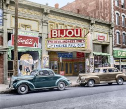My colorized version of this Shorpy original with the caption "October 1941. "Theatre in workers' section at Holyoke, Massachusetts." For whatever reason, we're craving a Coke. Photo by John Collier."