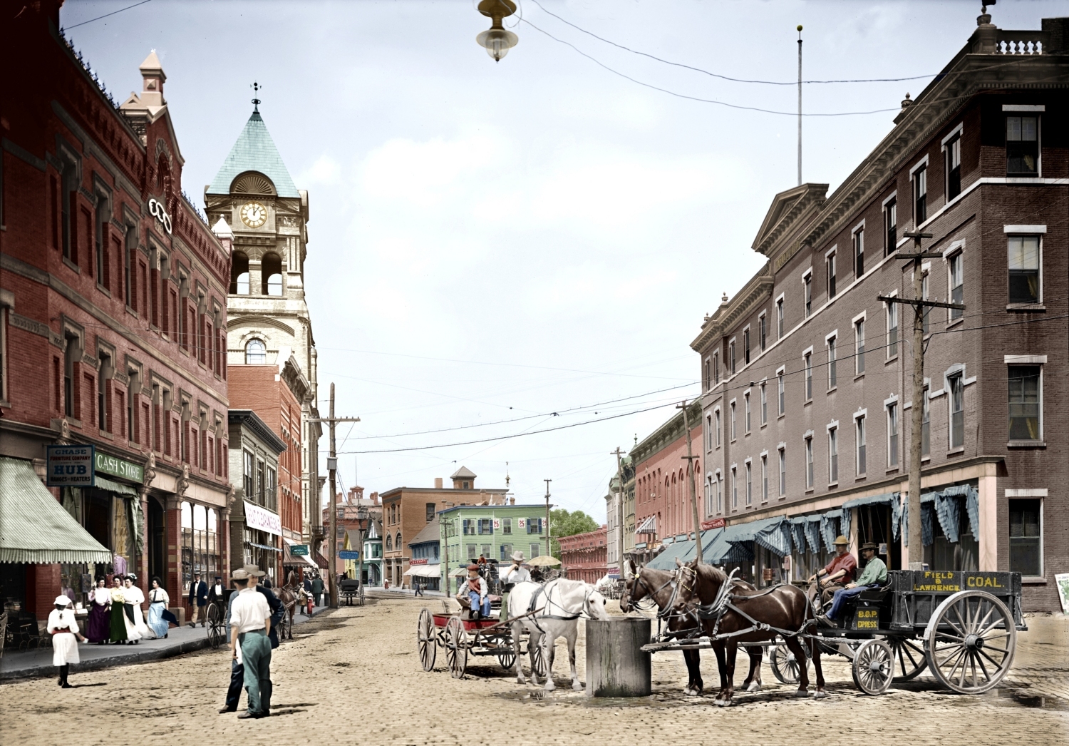 Bellows Falls, Vermont, circa 1907. "The Square." (Colorized). 8x10 inch dry plate glass negative, Detroit Publishing Company. View full size.