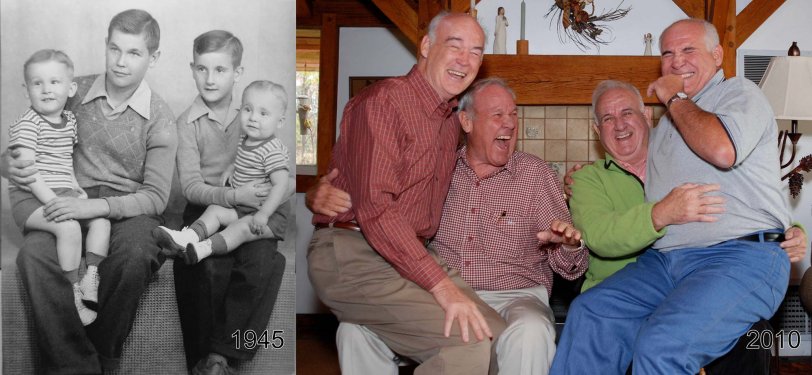 From 1945, a photo of my brother and I and our two Uncles taken in Van Wert, Ohio. We decided to reenact the photo at a family get together in Valparaiso, Indiana in 2010. From left to right: Jerry (me), Uncle Roger, Uncle Stanley and Brother Terry.
