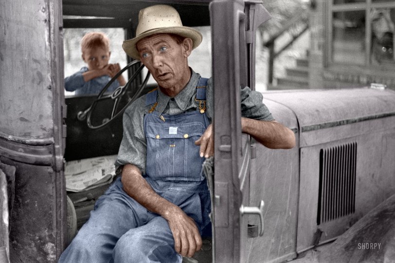 Colorized from Shorpy's files.  July 1940. "Arkansas farmer now picking fruit in Berrien County, Michigan." Wearing Tuf-Nut overalls. Photo by John Vachon for the FSA. View full size

