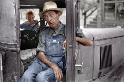 Colorized from Shorpy's files.  July 1940. "Arkansas farmer now picking fruit in Berrien County, Michigan." Wearing Tuf-Nut overalls. Photo by John Vachon for the FSA. View full size