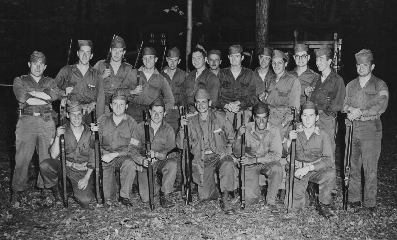 This is the I&amp;R Platoon of the 71st Regiment, 42 Infantry Division, New York National Guard that was the enemy force for training maneuvers at Camp Drum (now Fort Drum) in 1954.  My husband, Donald McKenna, is the third soldier from the left in the back row. View full size.
