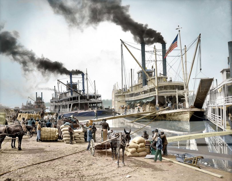This is my first attempt at colorizing. After admiring the work of Dennis Klassen, I had to try it. I was absolutely fascinated with the original, depicting a slice of life on the Mississippi,circa 1906. I did some research and found that the Belle of Calhoun sank and was raised three times during its life and that the Belle of the Bends sank and was raised twice. So many questions can be asked about the cargo, the destinations and the workers loading, off loading and idle. The detail of the original is absolutely stunning.
View full size.
