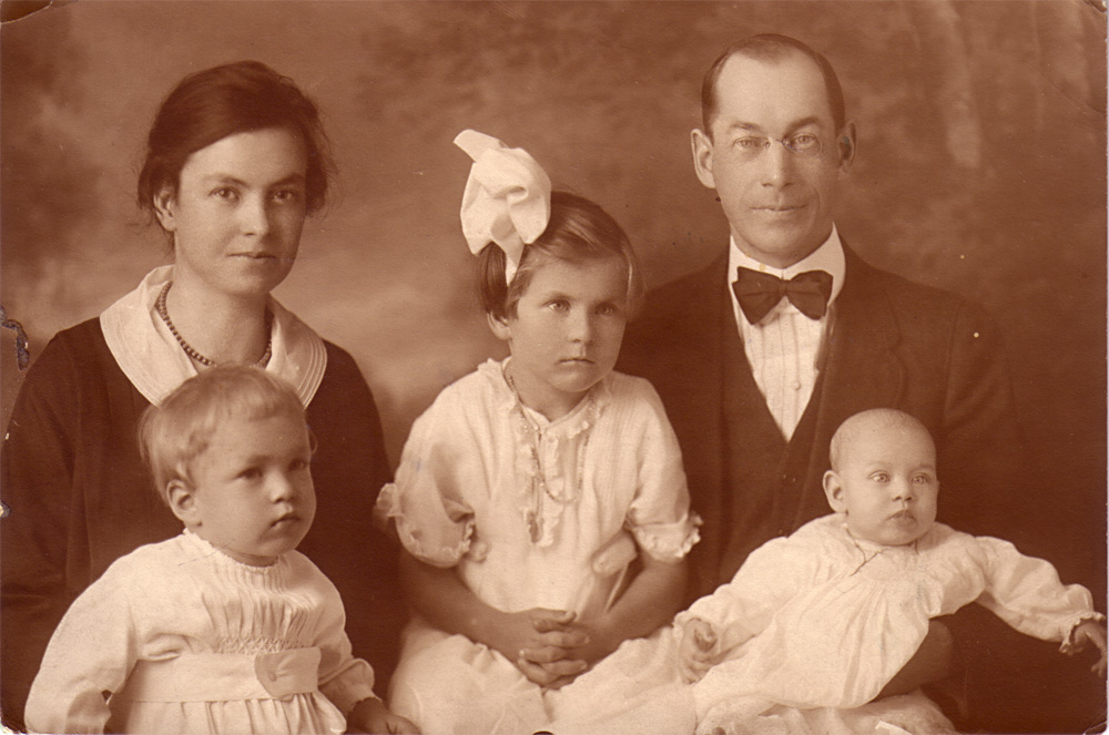 The Family Tyler, 1920. Florence (Carpenter) Tyler and F. Harold Tyler with three of their four children, Albert Carpenter Tyler, Ruth Marion Tyler, and Harriet Emma Tyler. Harriet, my mother, was born in 1920.