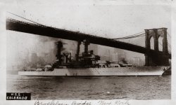 This is the USS Colorado going under the Brooklyn Bridge.  While doing some research I found that while on the way to Panama, there was a fire and the ship had to go to New York to be repaired. Perhaps this shot was from that famous time.  The photo says it was taken in 1929, the time my great-great uncle was aboard the ship. 