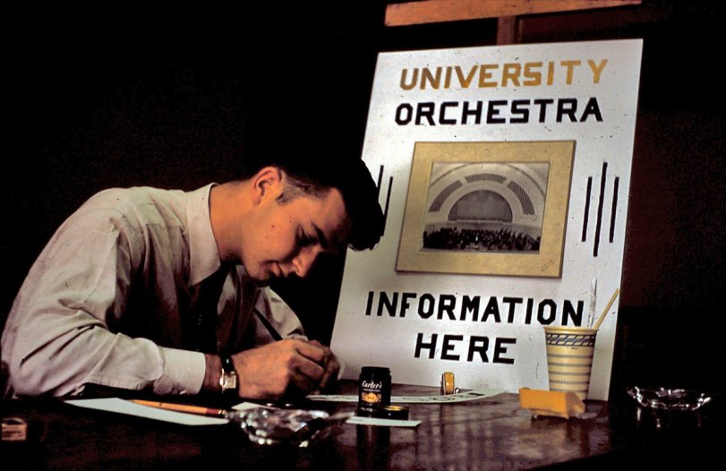 Student at University of Michigan Orchestra sign-up table, circa early 1950s.
