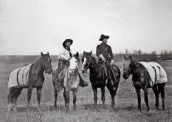 This my Great Uncle Art Moss and friend getting ready for a cattle drive, around 1889. Photo was taken outside of Crawford Nebraska. View full size.