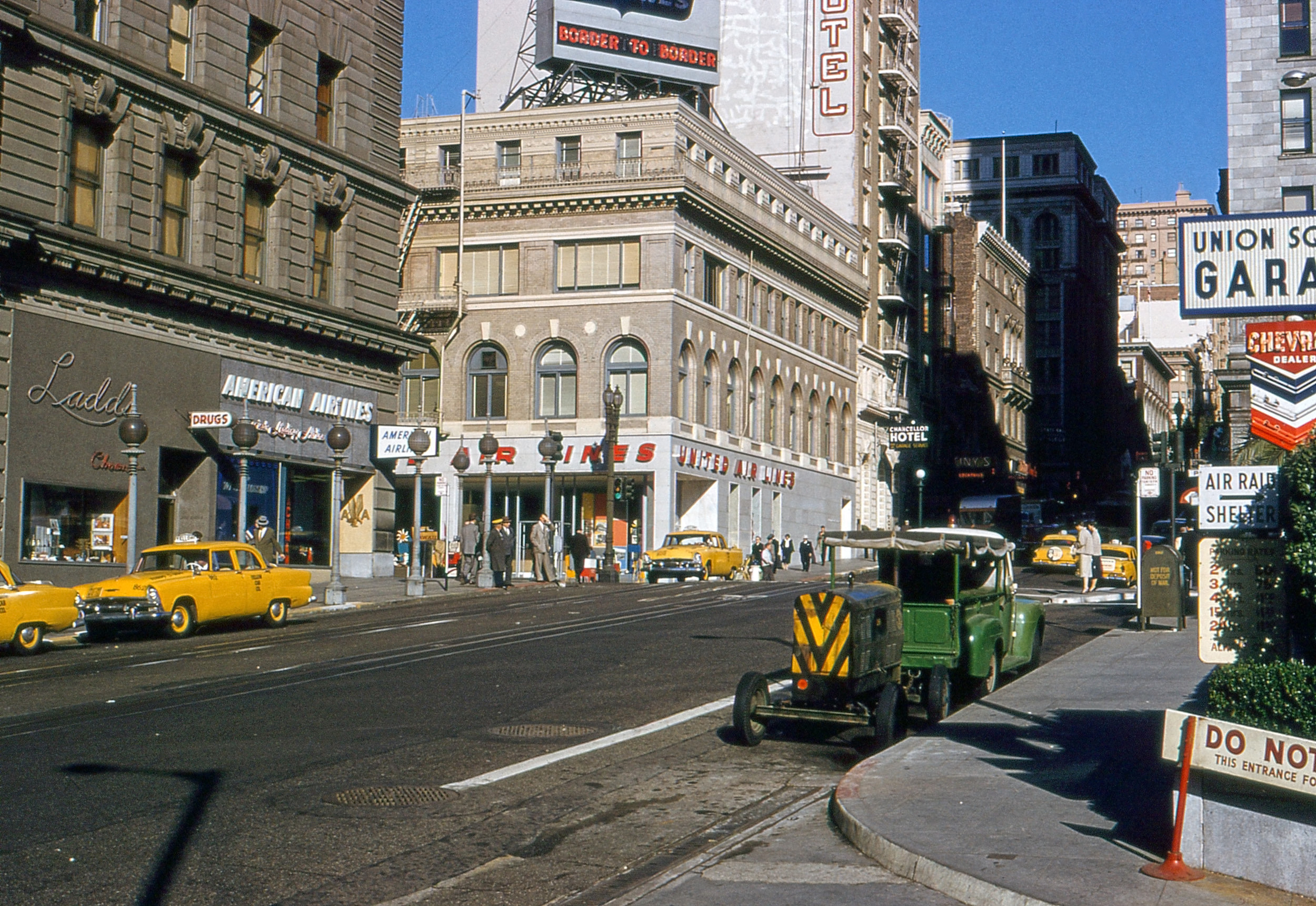 Union Square, San Francisco, looking north up Powell Street, circa 1958. I believe my parents were in America at the time to attend the 13th Junior Chamber International World Congress at the Hotel Leamington in Minneapolis; I am only assuming this as there is a transparency in the same container in a similar mount of the front of the hotel with a "Welcome JCI" sign under the veranda, so they may have all been photographed and processed around the same time period. If a Shorpy detective can narrow down the year that would be most welcome so I can date these transparencies in this album.

This Kodachrome transparency, taken by my father using a Kodak Retina 1a camera, is one of many that he had photographed over the years; I'm scanning the collection myself, using an Epson V370 photo & slide scanner. As I progress through all the transparencies I will post some more of the interesting late '50s America images here. View full size.