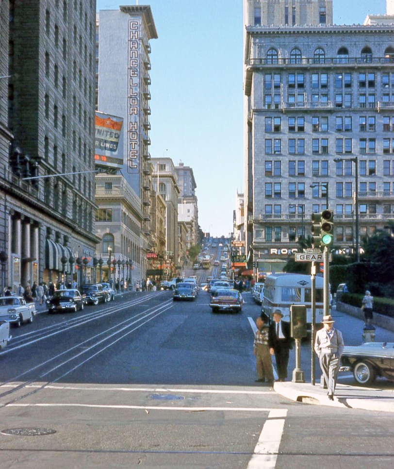 Powell at Geary, San Francisco; Union Square just off to the right. From a color slide by my father. View full size.
