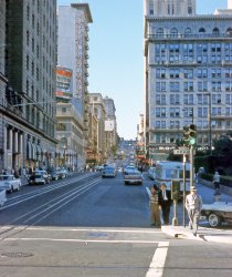Powell at Geary, San Francisco; Union Square just off to the right. From a color slide by my father. View full size.
Current viewHere's the same view today. 
(ShorpyBlog, Member Gallery)