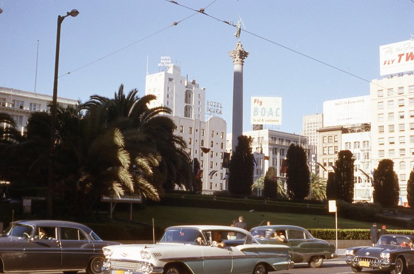 This is one of many color slides that my father shot when we lived in the San Francisco area in the mid to late 1950's. This particular shot was taken on Anscochrome film and shows Union Square in downtown SF. Note the overhead wires for the electric buses. I have many more like this, which I'll try to post as time allows. View full size.
