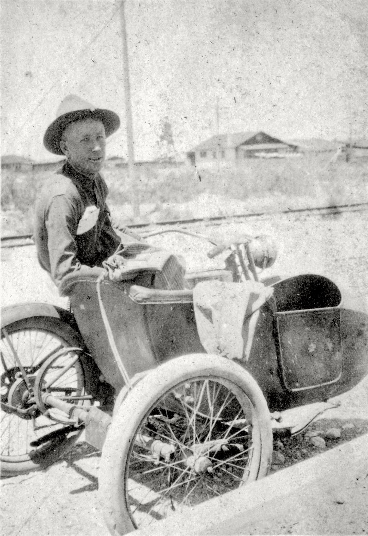 My Grandfather, Cpl William Henry Verhoeks at Ft. Bliss, Texas, in 1918. He was a courier for the post veterinarian. I copied this from a 3x3 image in my Grandmother's photo album. View full size.
