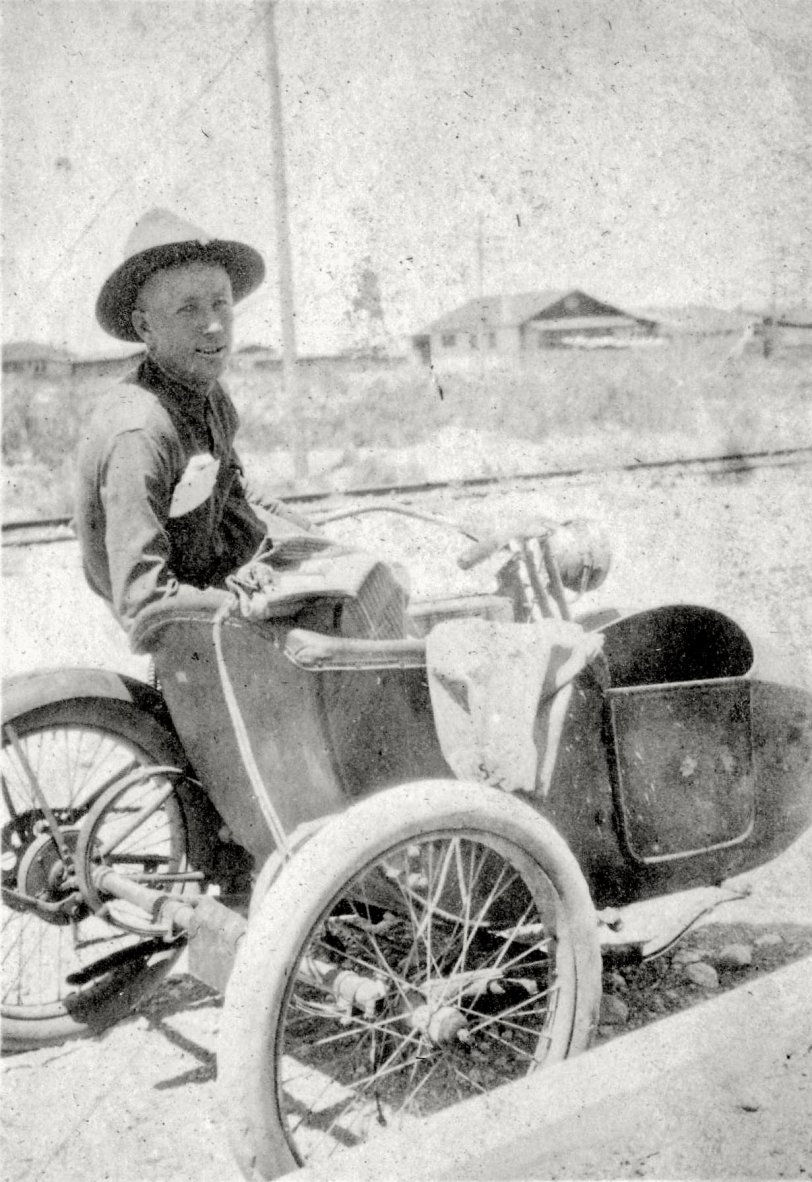 My Grandfather, Cpl William Henry Verhoeks at Ft. Bliss, Texas, in 1918. He was a courier for the post veterinarian. I copied this from a 3x3 image in my Grandmother's photo album. View full size.
