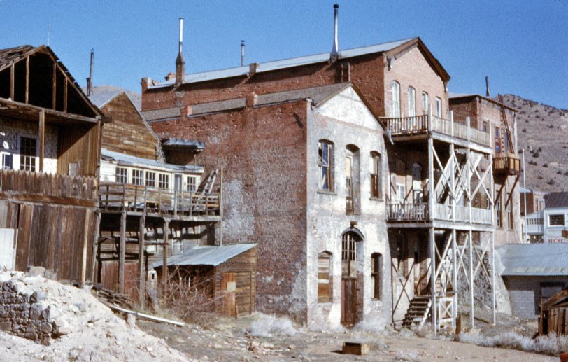 This Anscochrome slide was taken in Virginia City, Nevada in 1959. I wonder how much of this block remains today? View full size.
