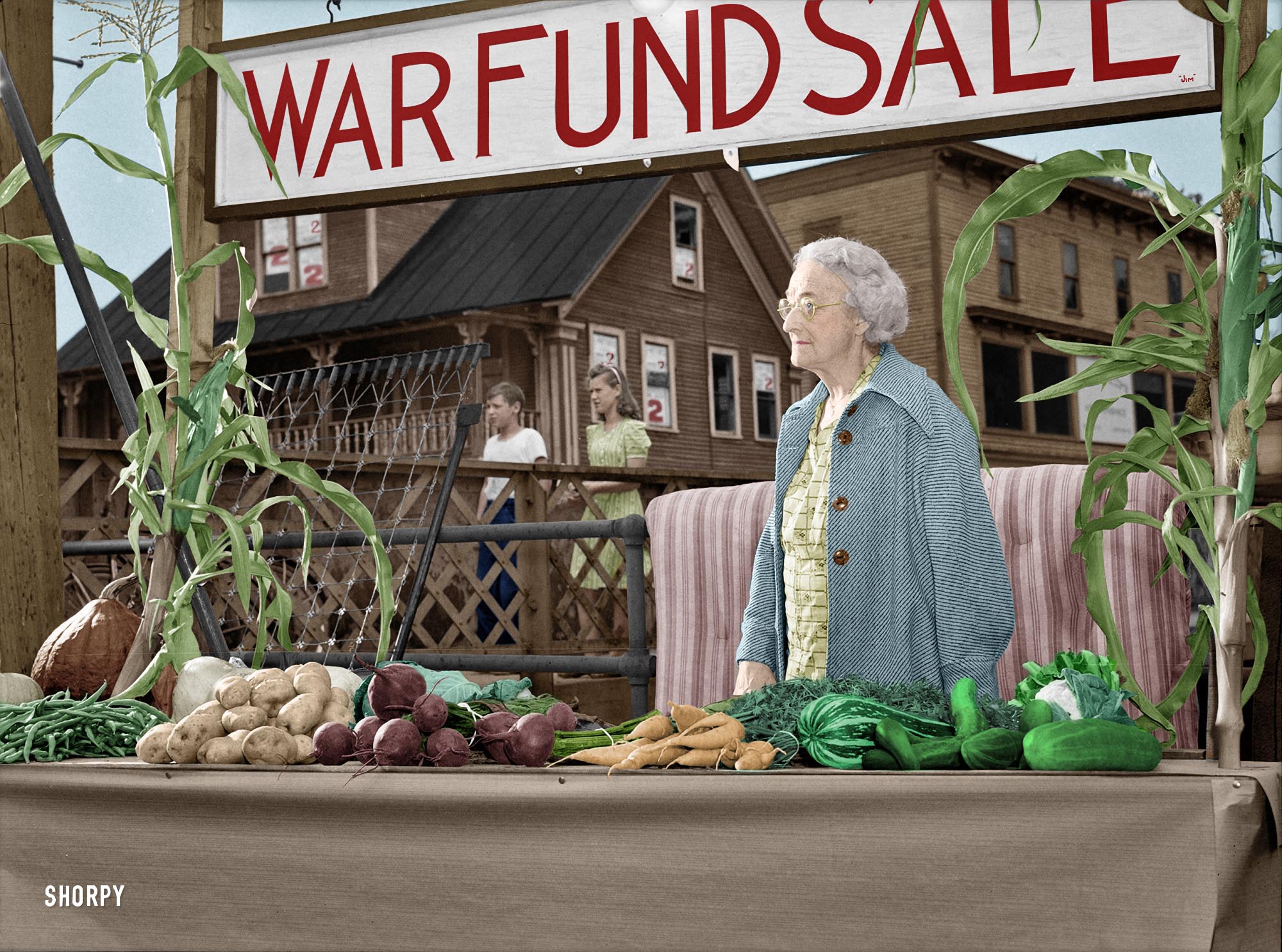 This is my version of the picture Victory Veggies, 1942. Hardwick, Vermont. "Mrs. Alice White at the Victory Store vegetable counter selling donated farm produce, money from which will go to the War Fund."