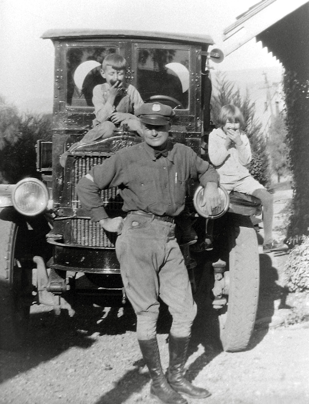 My grandfather W.W. Skinner was the first to acquire a balloon tire gas and oil delivery truck in San Luis Obispo, California. My father Don and aunt Margaret are on board. I like grandpa's tie, worn trousers and boots. Circa 1926. View full size.