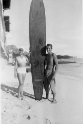 Taken on Waikiki in 1950 just before a surfing lesson. View full size.
(ShorpyBlog, Member Gallery)