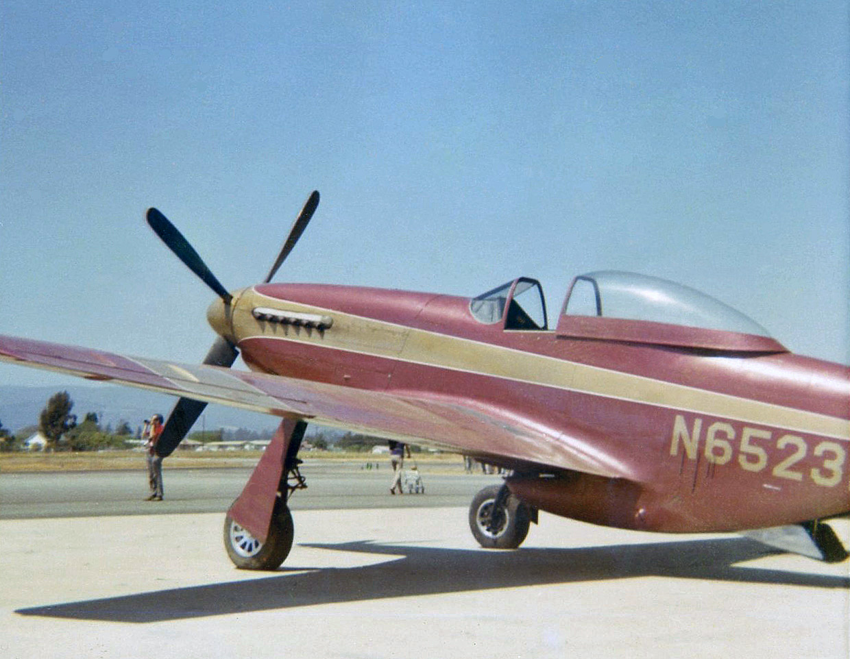 Taken at the annual Watsonville, California airshow in 1970, this is a privately-owned P-51 Mustang WWII fighter plane that I saw many times flying (low) over the San Francisco Bay Area. View full size.