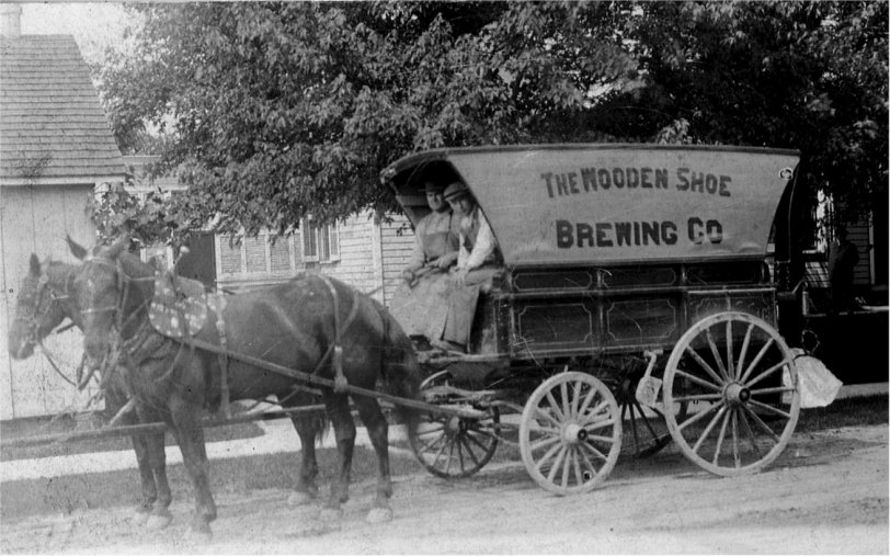 Wooden Shoe Beer Wagon Minster in pre-prohibition Ohio. Probably taken in Minster, Ohio, about 1910. View full size.
