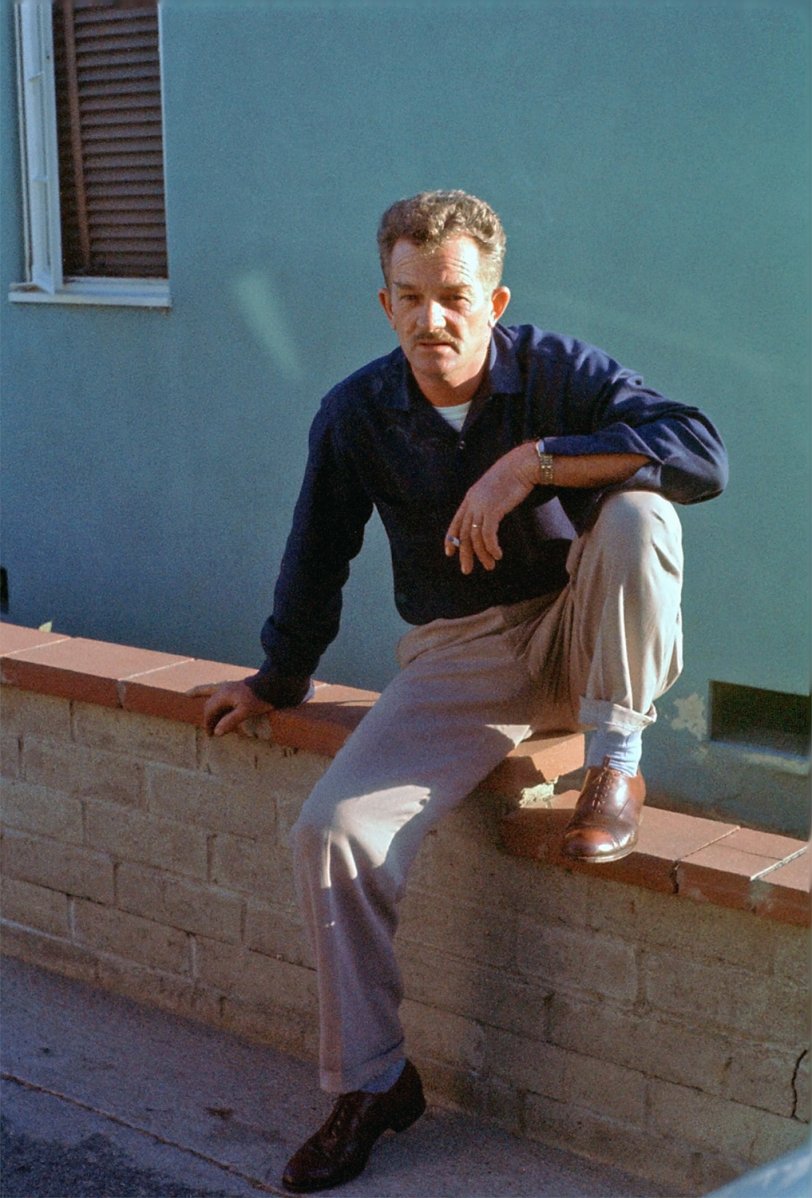 Late-1950s Kodachrome slide. My father-in-law Woodrow used to tell me he needed to be careful or he'd slice his finger on the knife pleat of his pants. Only his wit was sharper. He took this photo.
 View full size.
