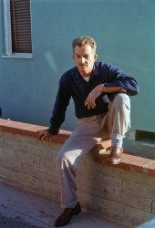 Late-1950s Kodachrome slide. My father-in-law Woodrow used to tell me he needed to be careful or he'd slice his finger on the knife pleat of his pants. Only his wit was sharper. He took this photo.
 View full size.
(ShorpyBlog, Member Gallery)