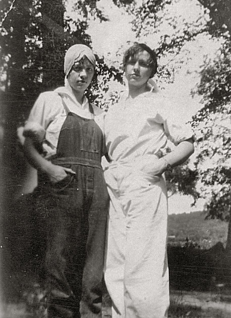 Another great pic from my Instant Relatives collection.  Per consulting with a friend who's an expert on Fashions of Yesteryear, these gals were probably working the fields during WWII.  Their hair is pulled back into a turban or bandana, something stressed, so it wouldn't be caught in the equipment.  Written on the back of this photo (in pencil!) is "Felma and Grace Cardin.". But for some reason when I look at this photo, I can't help but think "Thelma &amp; Louise."

