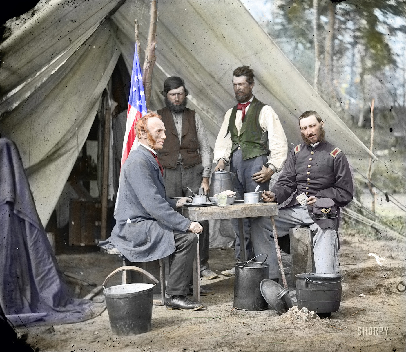 Yorktown, Virginia  Group before the photographic tent at Camp Winfield Scott. Colorized. View full size.
