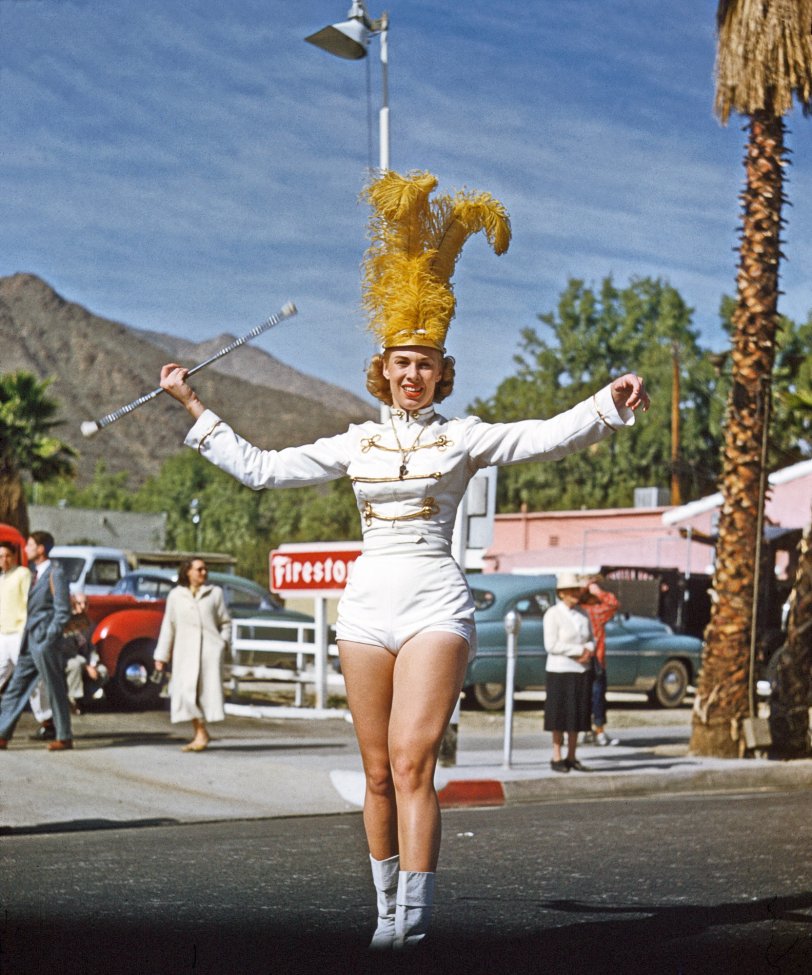 At the Palm Springs parade in February 1955. I found this 35mm Kodachrome slide in a collection at a swap meet. View full size.
