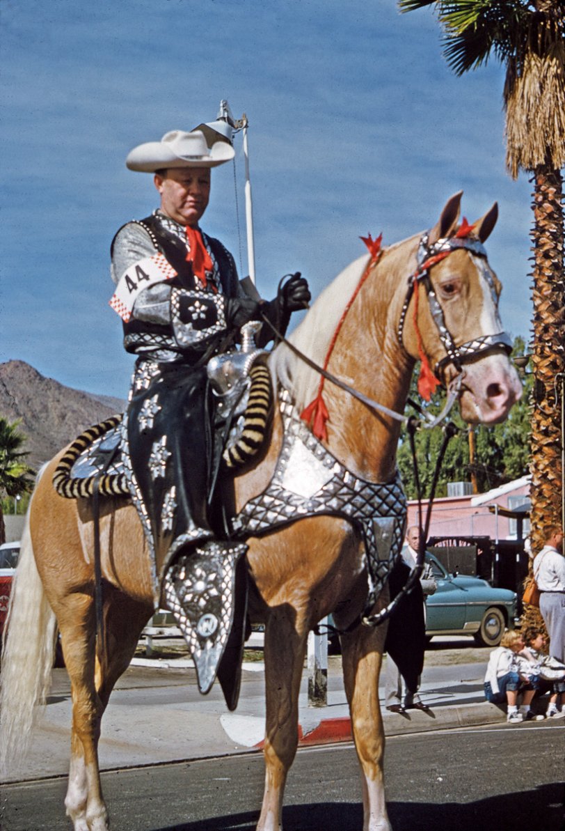 At the Palm Springs parade in February 1955. I found this 35mm Kodachrome slide in a collection at a swap meet. View full size.
