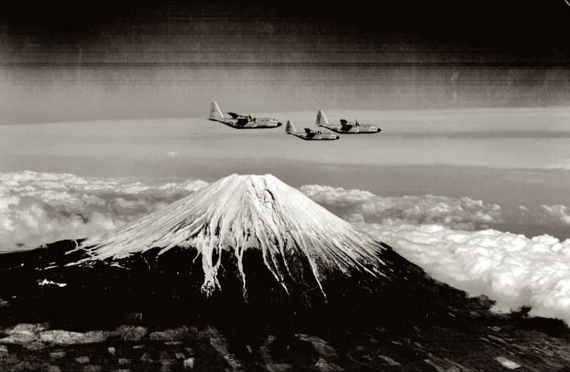 "Sayonara." U.S. planes over Mount Fuji, Japan, from an album compiled by the 6100th, 6111st, 6112nd, 6113rd, 6114th Tachihawa Group comprising Japanese airmen heading to the United States for Air Force military police training school.
