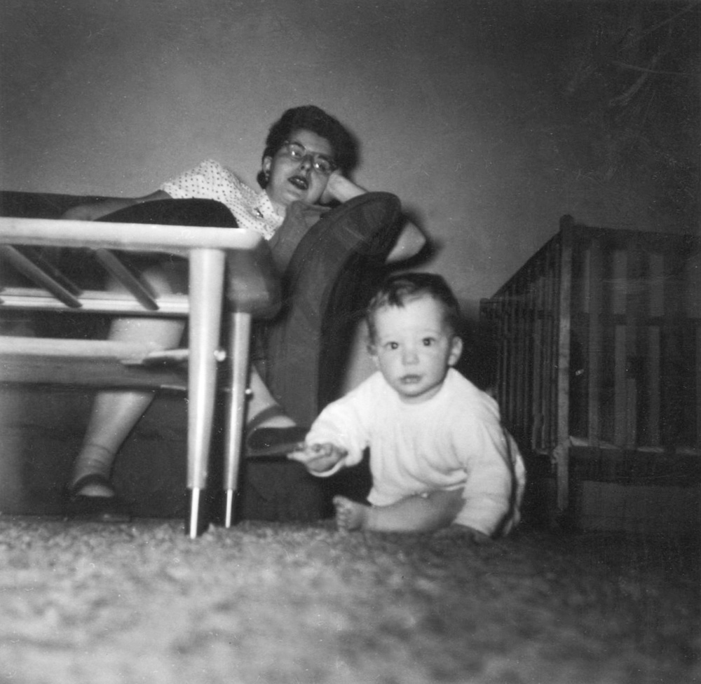 Either my mother wore her black and white polka dot shirt very frequently when I was a baby, or this photo that my father took from the perspective I would have had when I crawled, was taken on the same day as my mother washed me in the bathroom sink.